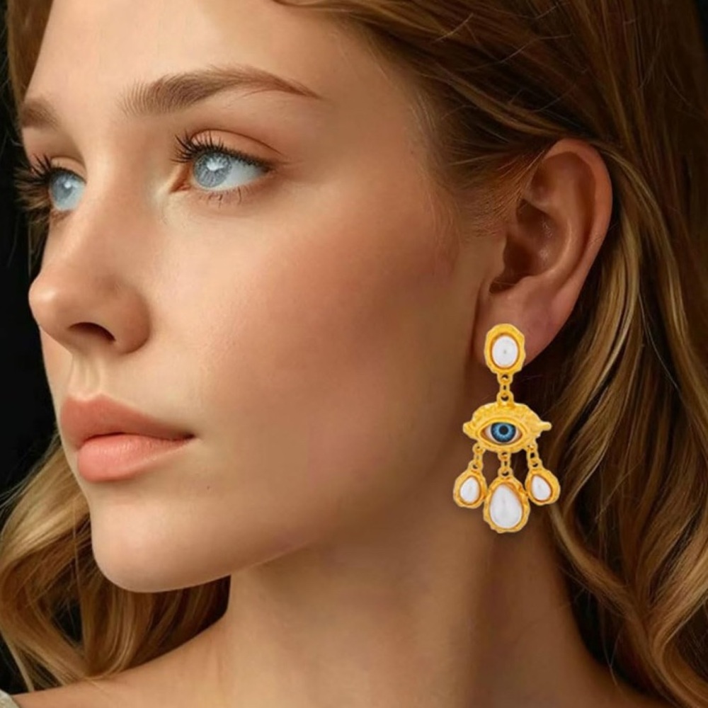 Elegant Gold and Blue Evil Eye Pearl Drop Earrings - Picture 5 of 5